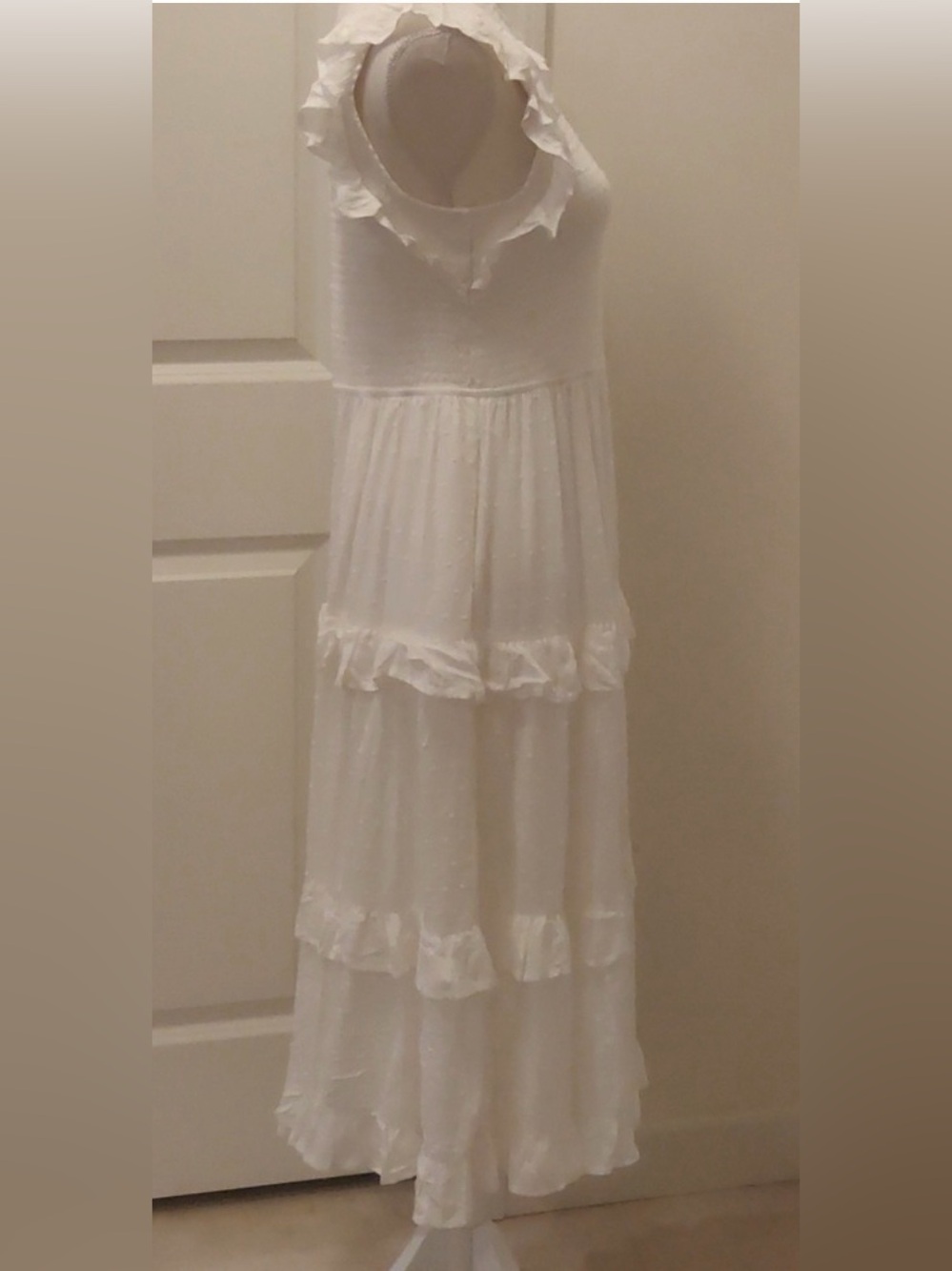 AQUA White Swiss Dot Smocked Tiered Ruffle Midi Dress Women’s Size S Boho - Picture 4 of 16